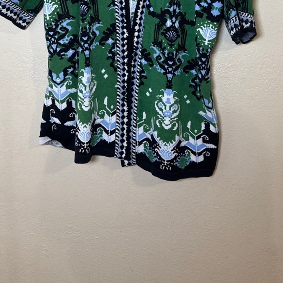 Chico's Kimono Women 1 Med Green Ikat Print Cardigan Linen Cotton Blend Boho - Picture 4 of 10